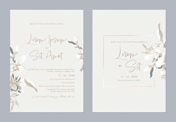 Wedding invitation and save the date template set with a minimalist design and elegant painterly floral illustration on a light green background