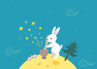 Moon rabbit pounding rice cakes on the full moon. Korean traditional holiday Chuseok illustration.