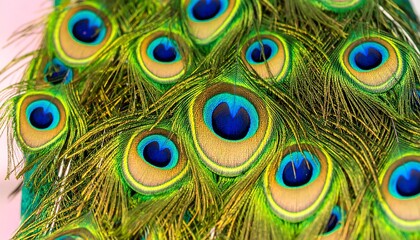 Detailed close-up view of vibrant peacock feathers, showcasing intricate patterns and a spectrum of beautiful colors.