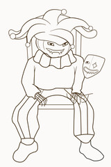 A terrifying scarecrow clown from the circus, with a pumpkin head, is staring at you with frightening eyes, sitting and waiting for the harvest to be judged. An illustration perfect for Halloween fes.