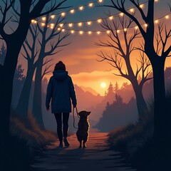 Silhouette Walk: Woman and Dog at Sunset with String Lights
