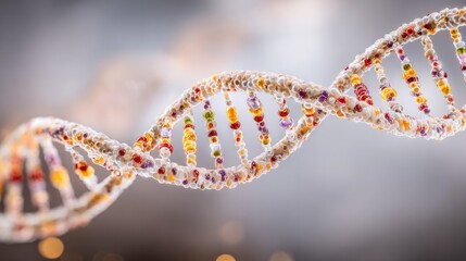DNA Strand: A vibrant, intricately detailed DNA strand, symbolizing life's blueprint, unfurls against a blurred, atmospheric backdrop, embodying science and genetic study.
