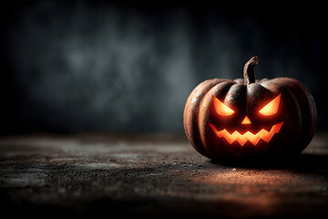Fuming bright Jack-o'-lantern pumpkin on dark solid background. Glowing eyes and a terrible grin. Halloween minimal concept. Copy space. Desktop wallpapers