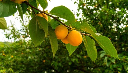 Close-up view of ripe, golden-orange persimmons hanging from a branch, surrounded by lush green foliage, showcasing the vibrant colors and natural beauty of the fruit.