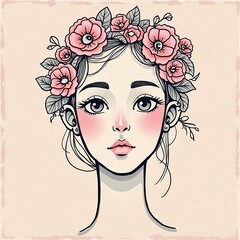 Floral Crowned Girl: A Delicate Line Art Portrait
