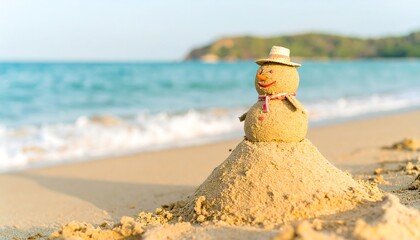 A whimsical sand snowman stands on a beach, showcasing a surprising summer scene.