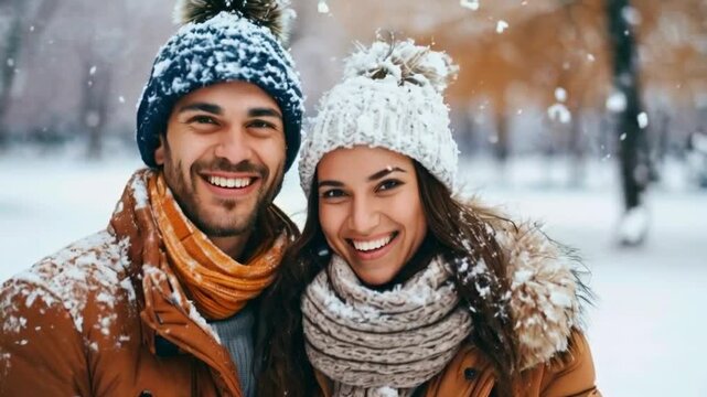 Happy smiling couple at snowy park while winter holiday.