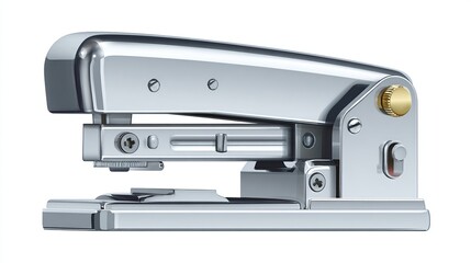 Shiny silver stapler with golden knob isolated against a crisp white backdrop
