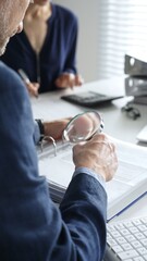 Business colleagues are working together, analyzing financial documents with a magnifying glass, calculating and taking notes in the office. Audit and taxes in business