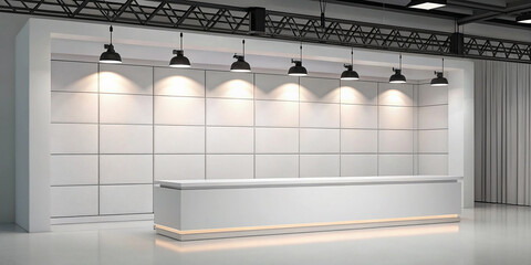 Modern reception desk in a bright, minimalist lobby with spotlight illumination