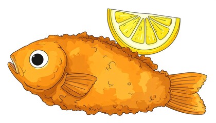 A delectable illustration of a crispy, golden-brown fish fillet, highlighted by a bright yellow lemon slice, set against a plain white background.