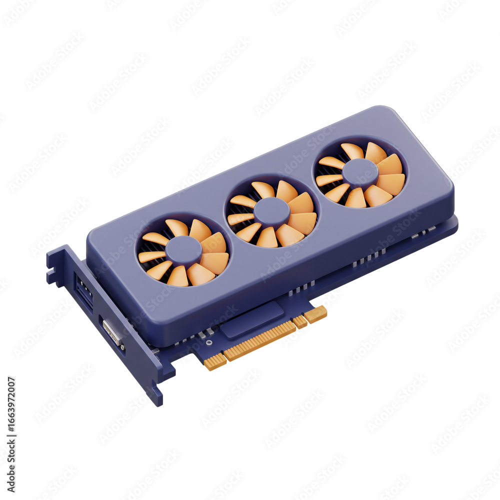 Poster a detailed illustration showcases a modern graphics card, featuring three cooling fans and intricate