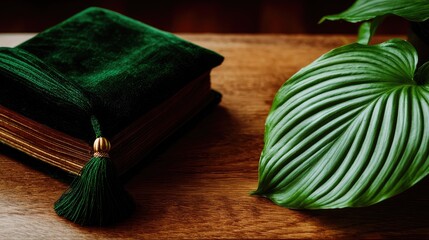 Fototapeta premium Emerald green velvet book with gold accents on a wooden surface.