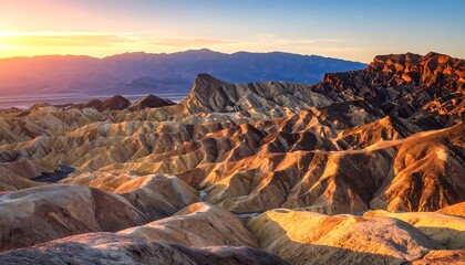 Zabriskie Point at Sunrise, Death Valley's Evocative Landscape in Golden Light