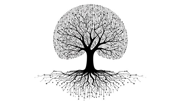 Stylized Digital Tree of Life with Circuit Board Roots and Branches.