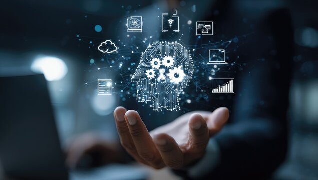 A person's hand hovers over a digital AI head