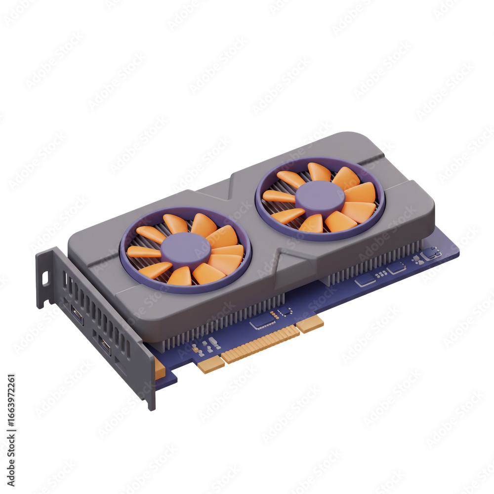 Poster a detailed three-dimensional illustration showcases a modern computer graphics card, featuring two c