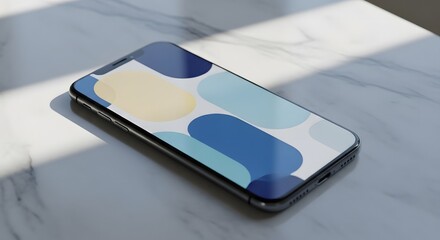 Modern smartphone display with abstract colorful wallpaper on marble surface