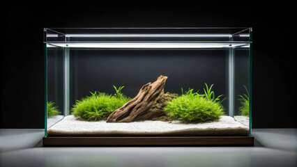 Aquascape design inspired by nature. Aquascape featuring an elegant glass tank with driftwood and lush greenery, beautifully lit against a dark background.