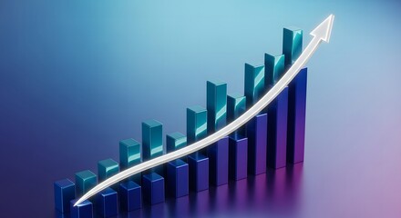3D render of upward trending bar graph with arrow symbolizing financial growth and success