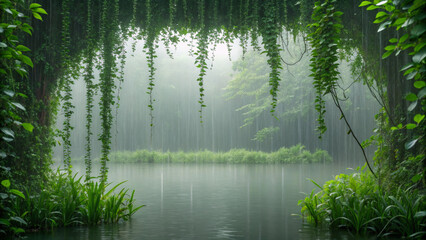 Aquascape design inspired by nature. Tranquil rainforest scene with cascading greenery and a misty lake in the background.