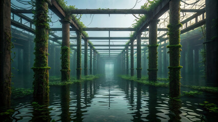 Aquascape design inspired by nature. Mysterious underwater ruins surrounded by lush greenery and reflective water create an eerie, tranquil atmosphere.