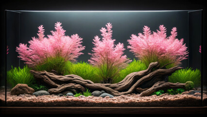 Aquascape design inspired by nature. Aquarium scene featuring vibrant pink plants and natural wood, creating a serene underwater landscape.