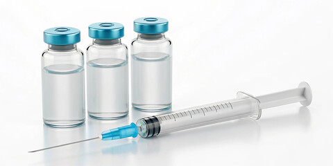 Three medical vials and a syringe isolated on white background