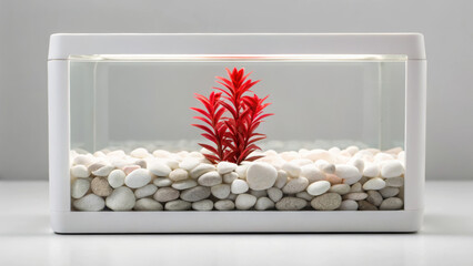 Aquascape design inspired by nature. Aquarium with white pebbles and a vibrant red plant creates a modern, serene aquatic decor.