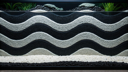 Aquascape design inspired by nature. Textured gravel in wavy patterns creates an abstract landscape effect, ideal for aquatic or landscaping designs.