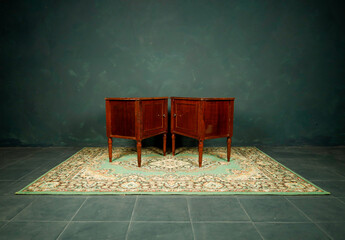 vintage wooden furniture and accessories on dark background