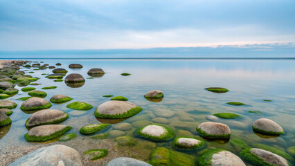 Aquascape design inspired by nature. Serene shoreline with smooth rocks and gentle waves under a cloudy sky.
