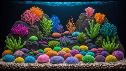 Aquascape design inspired by nature. Vibrant underwater scene featuring colorful coral and rocks in a decorative aquarium.