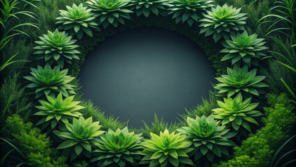 Aquascape design inspired by nature. Lush green succulents frame a tranquil, circular water surface in a serene natural setting.