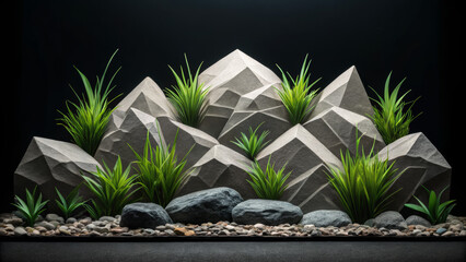 Aquascape design inspired by nature. Artificial rock formation with greenery, creating a modern and stylish decorative element.
