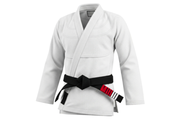 White combat sports gi with a tied martial arts black belt isolated on a transparent background