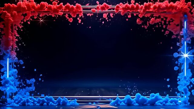 With squish of bass red and azure spicy light it edges, amp brilliant 3D extrude moulding shot with metal sparkle vibrates, ring aside cascade beam bursts that terpsichore playfully, score