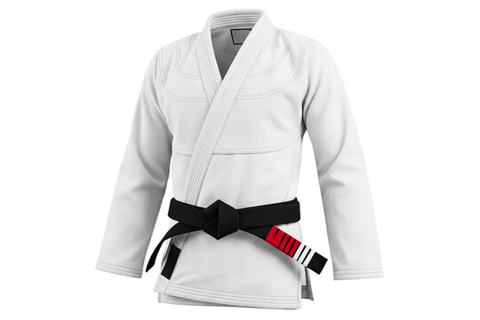 White combat sports gi with a tied martial arts black belt isolated on a transparent background