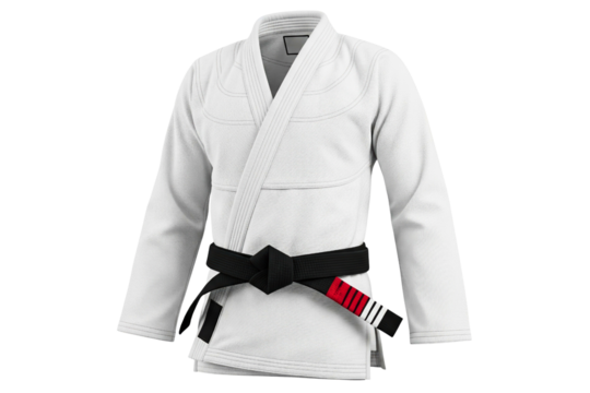 White combat sports gi with a tied martial arts black belt isolated on a transparent background
