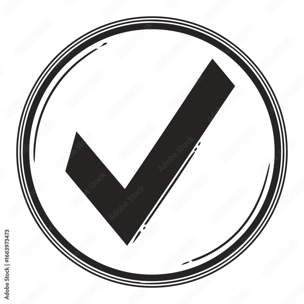 Poster black check mark inside a textured circle on white background tick correct
