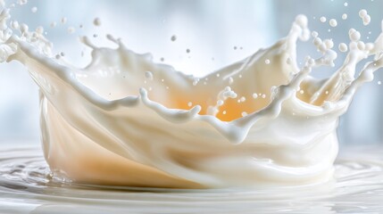 Milk Splash: The photo captures the elegance of a liquid crown, the dynamic splash of milk, suspended mid-air, against a bright backdrop, showcasing freshness and vitality.