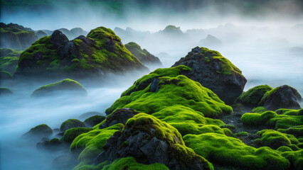 Aquascape design inspired by nature. Moss-covered rocks emerge from misty water, creating a serene and tranquil natural scene.