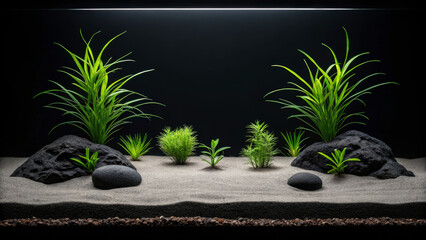Aquascape design inspired by nature. Aquarium scene with lush aquatic plants and dark rocks on sandy substrate, creating a serene underwater environment.