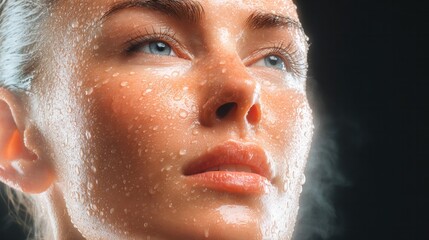 Tears of Achievement: A determined female, her face glistening with beads of water, gazing towards the radiant light, embodying the culmination of exertion and triumph.