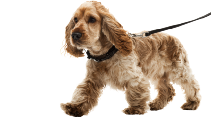 A beautifully groomed cocker spaniel walking on a leash, exuding charm and playfulness against a white background.