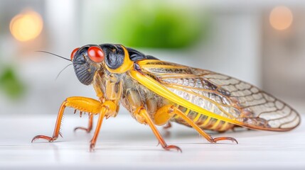 Cicada: A macro photograph captures the intricate details of a cicada insect. The vibrant exoskeleton and large eyes are clearly visible against a blurred background.