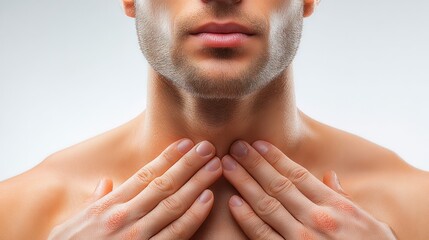Human Anatomy - Neck and Shoulders: A detailed view highlights the human anatomy, with a focus on the neck and shoulders. The hands gently touch the neck, showing the physical aspects