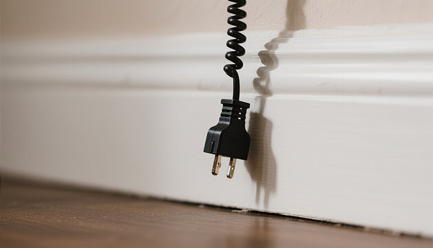 Black electrical cord with plug lying on wooden floor near wall  
