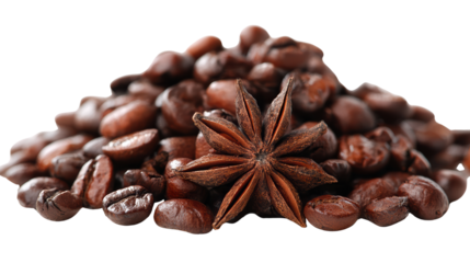 A pile of roasted coffee beans with a star anise on top, isolated on a white background.