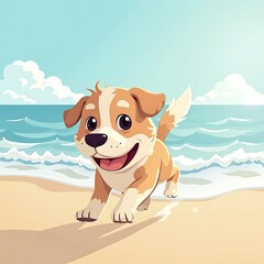 Joyful Puppy Plays on Sunny Beach: A Cheerful Cartoon Illustration